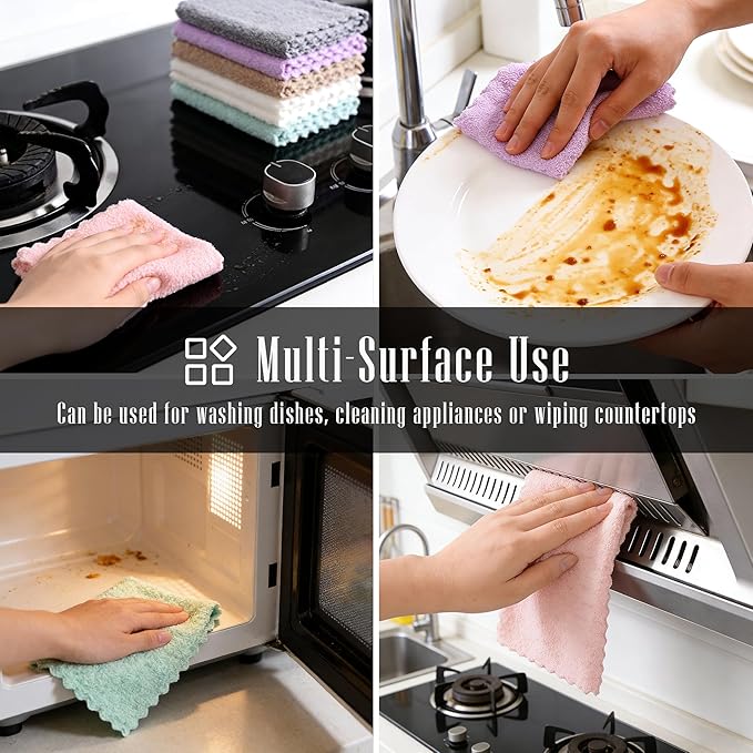 24 Pack Kitchen Dishcloths - Does Not Shed Fluff - Reusable Dish Towels, Dish cloths, Super Absorbent Coral Fleece Cleaning Cloths, Nonstick Oil Washable Fast Drying, 7 x 9 Inch (Multicolor)