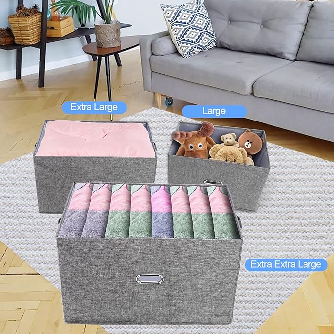 Large Linen Fabric Foldable Storage Bins with Removable Lid and Handles, Washable Storage Box Organizer Containers Baskets Cube with Cover for Bedroom