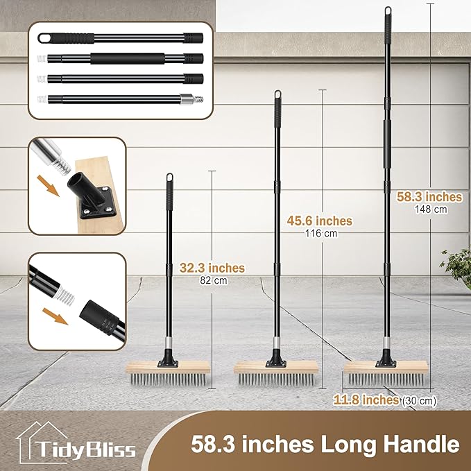 Stainless Steel Wire Scrub Brush with Long Handle, Heavy Duty Stiff Metal Broom Scrubber, Outdoor Moss Removal for Concrete Floor, Deck, Garden, Patio, Roof, Brick, Garage, Swimming Pool
