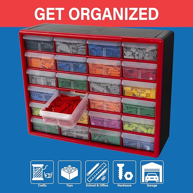 Akro-Mils 24-Drawer Plastic Drawer Storage Cabinet for Garage Organization, Bead Organizer, Building Bricks Storage, Teacher Toolbox, Makeup Organizer, 20" W x 6" D x 16" H, 10124 Red