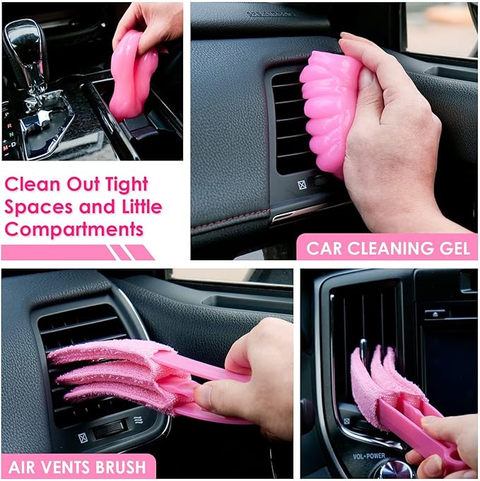 Viewsun Windshield Cleaner Tool, 17Pcs Pink Car Interior Cleaning Kit, Detailing Kit Cleaner, Detailing Brush, Cleaning Gel, Inside Cleaning Supplies Accessories for Women Girl Gift