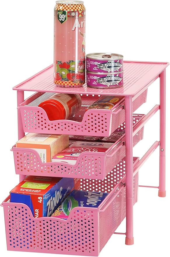 Simple Houseware Stackable 3 Tier Sliding Basket Organizer Drawer, Pink