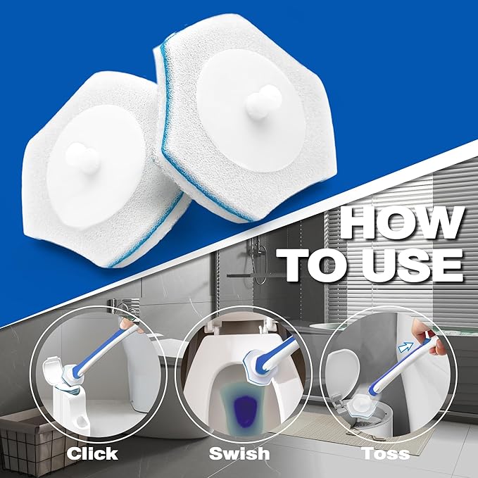 JEHONN Disposable Toilet Brush with 48 Wand Cleaner Refills, Wall Mounted Toilet Bowl Brush Holder Set, Bathroom Cleaning System for Sink Bathtub Wash Basin (Blue)