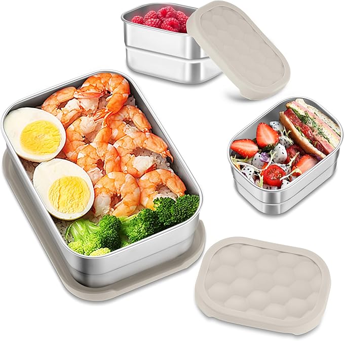 HaWare Stainless Steel Lunch Box Containers for Kids, Leak Proof Food Storage Containers with Khaki Silicone Lids