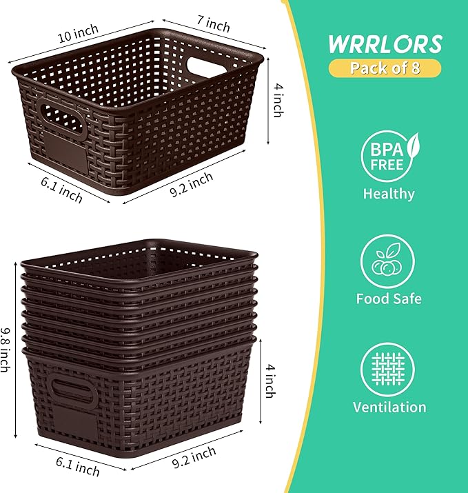 8-Pack Brown Plastic Storage Baskets with Lids, Label Organizers