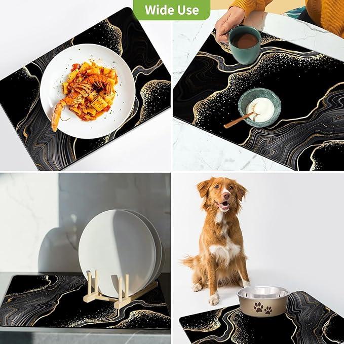 Dish Drying Mat for Kitchen Counter, Black and Gold Marble Design, Washable Absorbent Quick Dry Pad with Rubber Backing, Draining Mat for Dishes Coffee Table, 16" x 24"