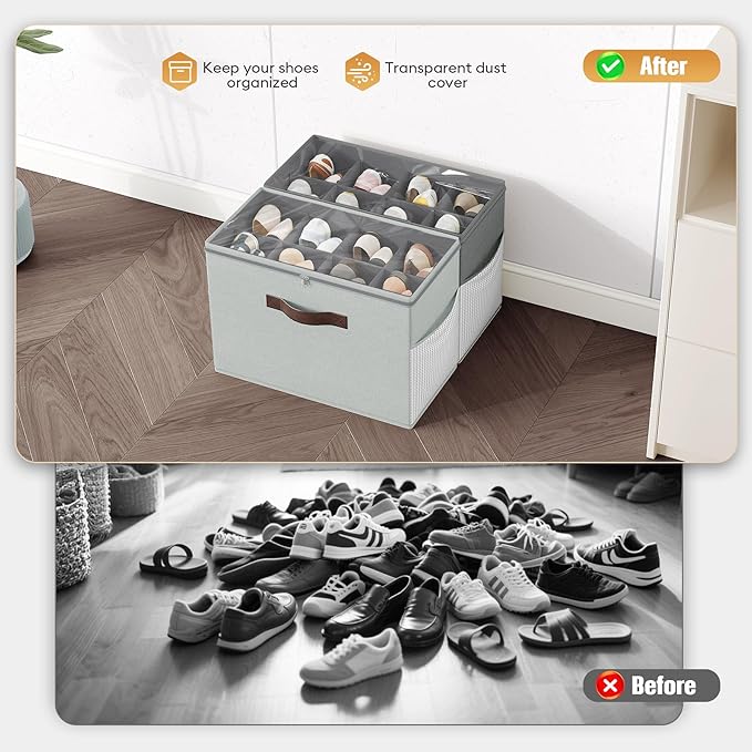 Budding Joy 2 Pack Shoe Organizer for Closet, Clear Foldable Shoe Storage Containers Adjustable Dividers Fits 16 Pairs