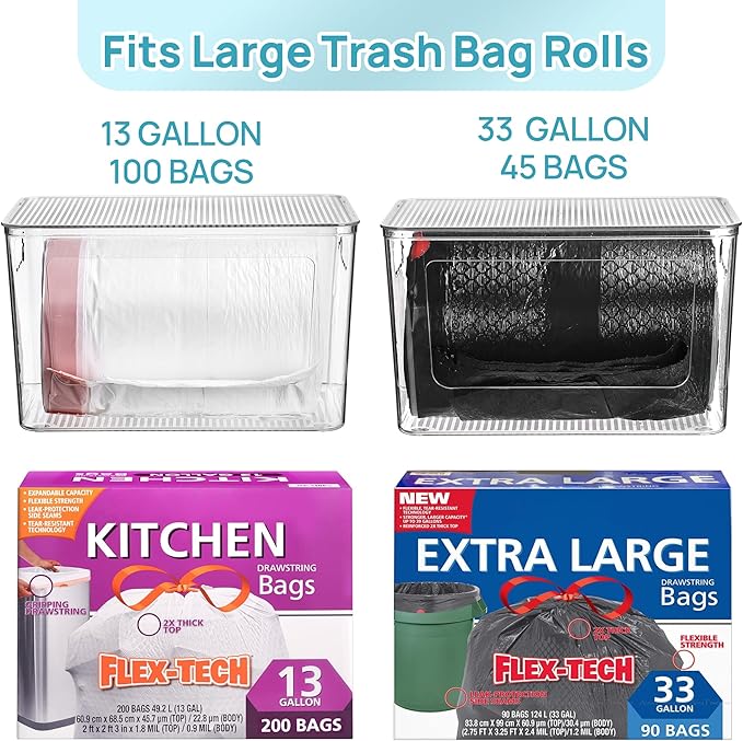 Vtopmart 2 Pack Trash Bag Holder, Stackable Garbage Bag Dispenser for 13/30/33 Gallon Bags, Clear Organizer Bins for Under Kitchen Sink, Laundry Room Organization and Storage