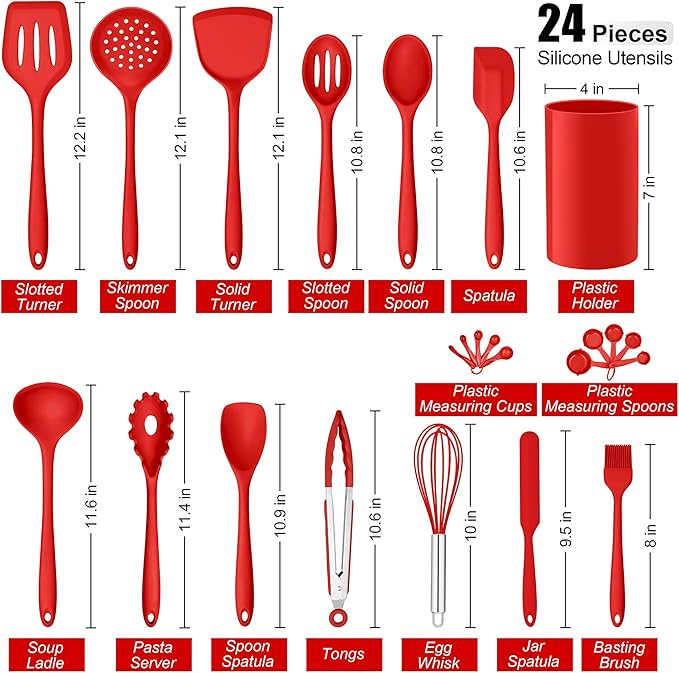 E-far Silicone Cooking Utensils Set, 24Pcs Heat Resistant Kitchen Utensil with Holder, Silicone Kitchen Tools with Spatula Turner Spoon Tongs Whisk, Non-Toxic & Dishwasher Safe (Red)