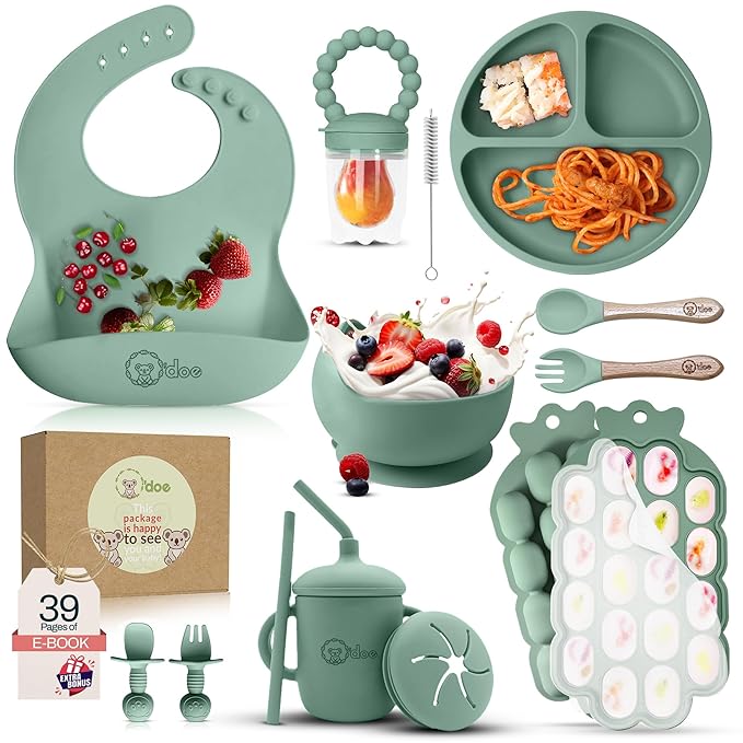O'doe Baby Weaning Set – 15 Pcs Silicone Baby Feeding Set with Suction Plate, Bowl, Bib, Sippy Cup, Fruit Feeder & Freezer Tray – Baby Plates and Bowls Set for 3M+ | BPA-Free Baby Dishes & Utensils