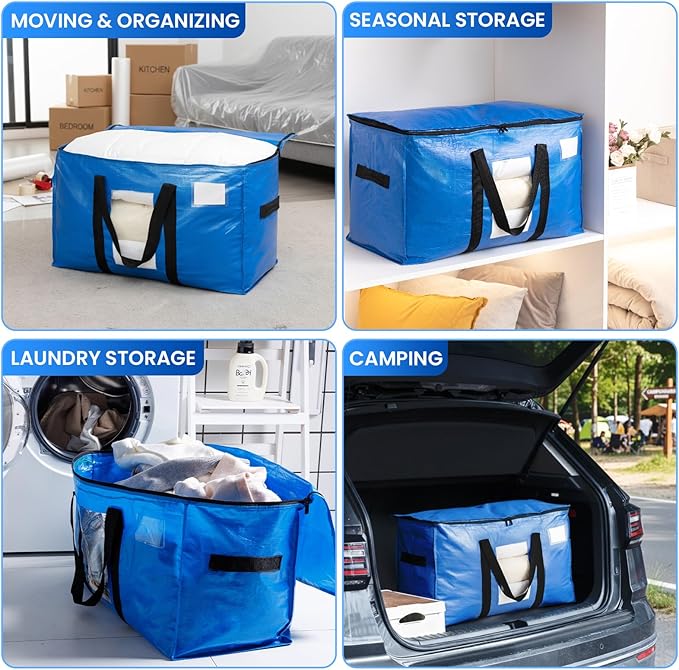 TAILI Extra Large Moving Bags, 8 Pack Blue Heavy Duty Totes For Storage with Visible Window, Wrap Around Handles, Storage Bags for Space Saving