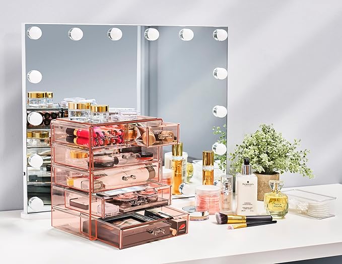 Sorbus Acrylic Makeup Organizer Set, 6-Drawer Vanity & Countertop Cosmetic Storage with Small & Wide Drawers, Pink Makeup Storage for Brushes