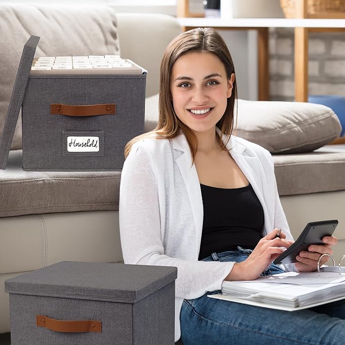 ZICOTO Decorative File Organizer Box Set of 2 - Collapsible Linen Filing Cabinets w/Handles Are Perfect to Store all Your Documents & Hanging File