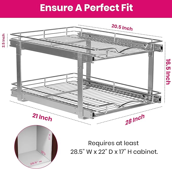 2-Tier Pull-Out Cabinet Organizer with Heavy-Duty Steel Frame, Full-Extension Sliding Shelves, Holds 100 lbs, Easy Install for Kitchen