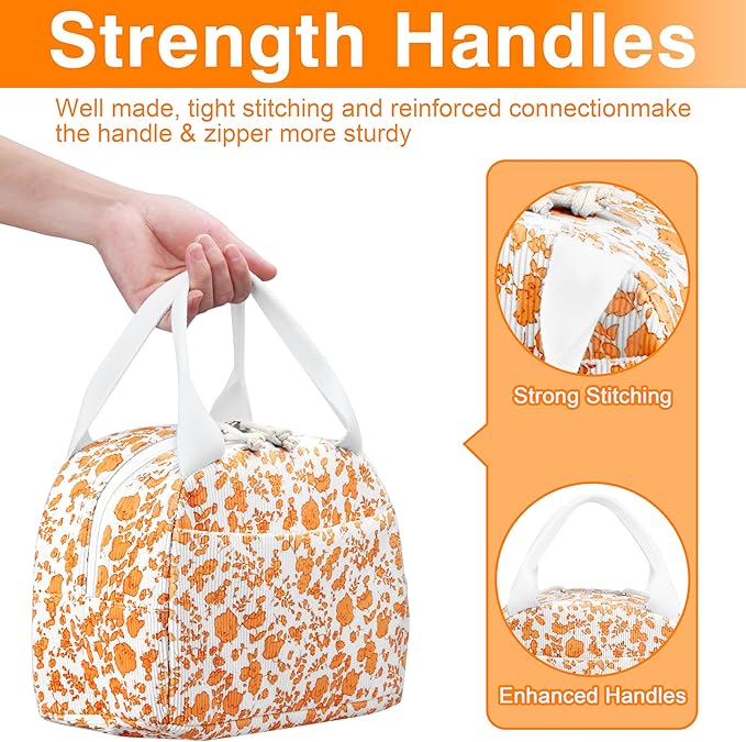 TESAFNG Lunch Bag - Insulated Lunch Box for Women, Reusable Large Capacity Cooler Bag for Adult, Small Leakproof Cute Corduroy Lunch Tote for Work Office Travel Picnic (Corduroy Orange-Flower)