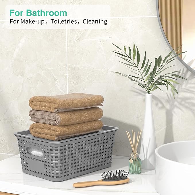 8-Pack Grey Plastic Storage Baskets with Lids, Label Organizers