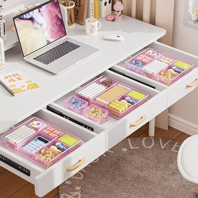 3 Packs Desk Drawer Organizers, Pink