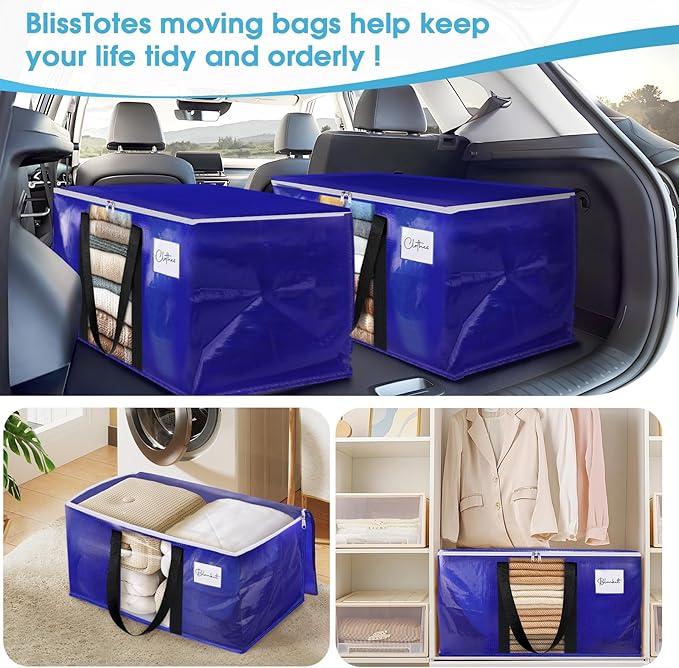 BlissTotes 2 Pack Moving Bags with Clear Window, Storage Bags with Strong Carrying Handles & Zippers,Large Packing Bags for Saving Space, Alternative to Moving Boxes(Blue,20 Gallon)