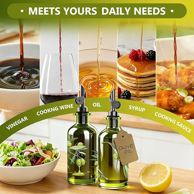 Olive Oil Dispenser Bottle for Kitchen, 12oz/350ml Extra Thick Glass Oil and Vinegar Cruet with Stainless Steel Pourer, Funnel & Cleaning Brush, Premium Oil Dispenser Set (Olive)
