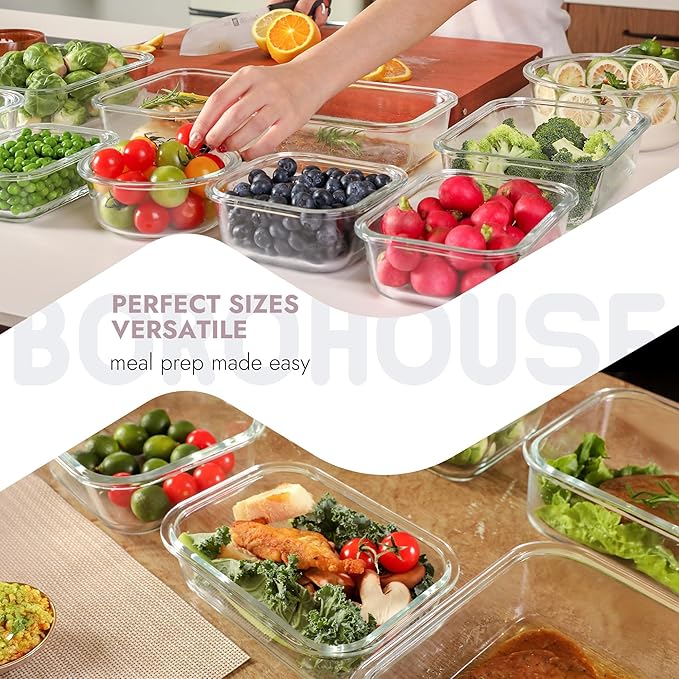 10-Pack Glass Food Storage Containers with Tempered Lids – Borosilicate, Airtight, Oven-Safe (-4°F~950°F), BPA-Free, 4.4 & 1.6 Cup, Leak-Proof