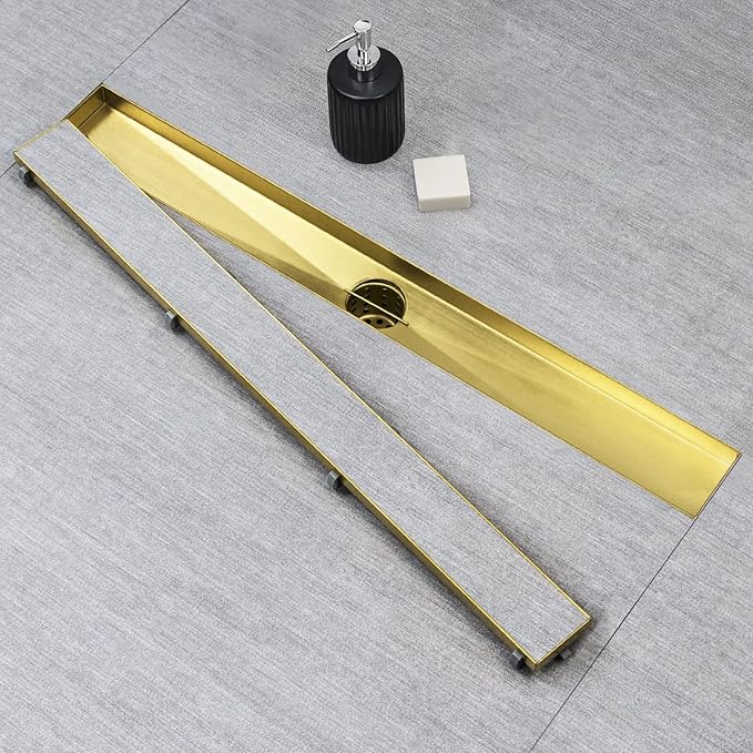 SaniteModar Linear Shower Drain, Gold Shower Drain 32 inch with 2 in 1 Tile Insert and Flat Panel