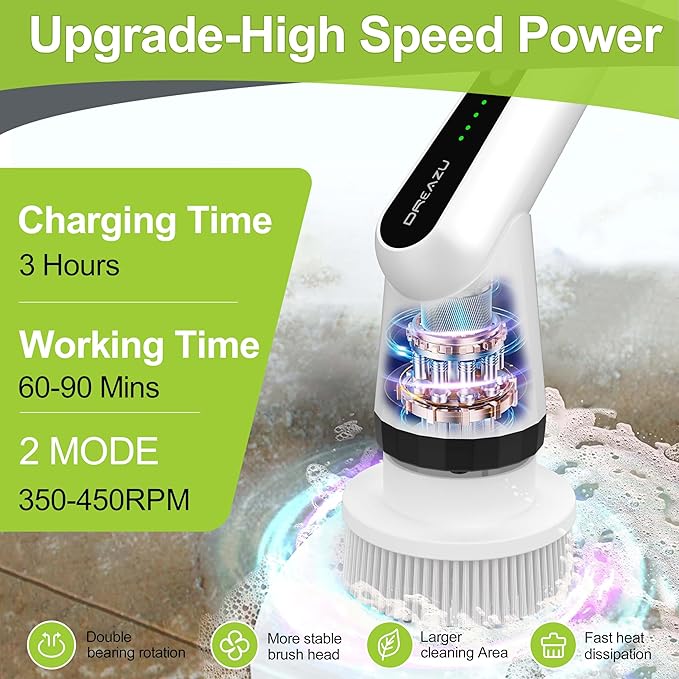 Electric Scrubber Brush, IPX7 Electric Scrubber for Shower, Electric Cleaning Brush Scrubber with 7 Replaceable Brush Heads & Retractable Handle, 2-Speed Adjustable Spin Cleaning Brush