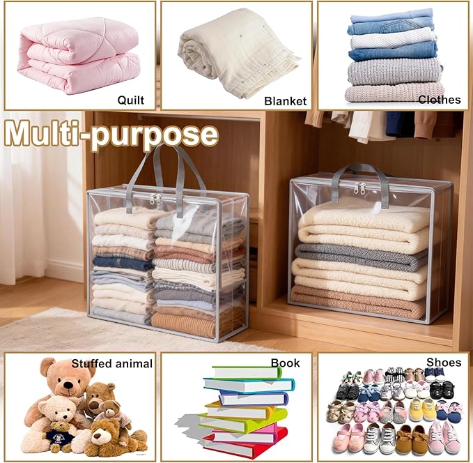 Clear Clothes Storage Bags, 96L Plastic Blanket Comforter Storage Bag, 4 Pack Vinyl Moving Bags,Closet Organizers and Containers for Bedding,Duvet,Toys,Seasonal Clothing,24” Christmas Wreaths,Grey