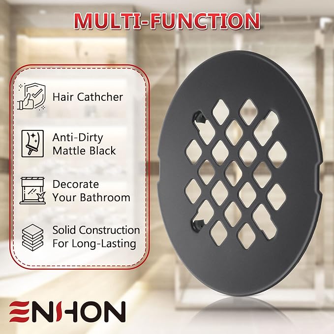 Enhon 2 Pack 4-1/4 Snap in Shower Drain Cover, Round Strainer Drain Grid, Bathroom Shower Grate Cap Replacement for Hair Catcher(Matte Black