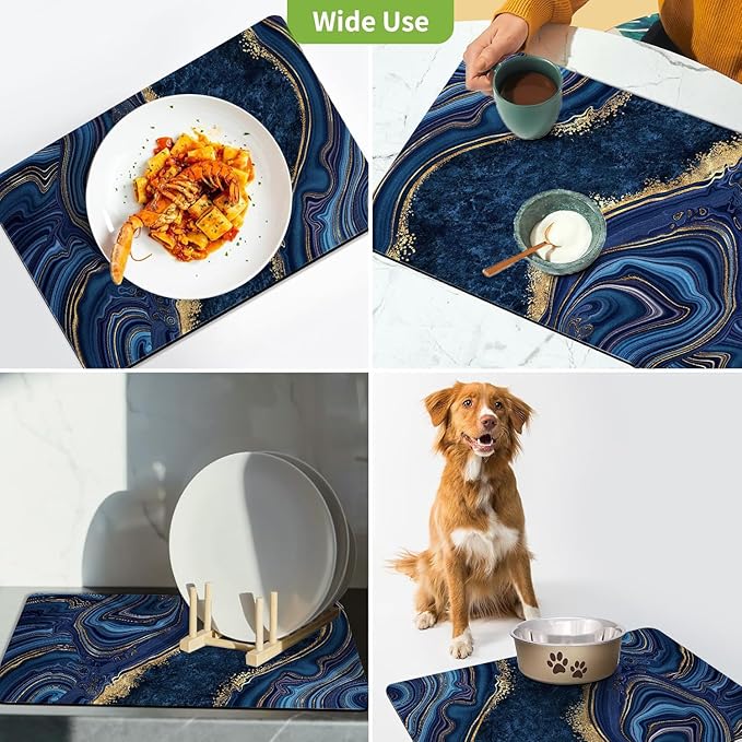 Dish Drying Mat for Kitchen Counter, Blue Marble and Golden Veins Washable Absorbent Quick Dry Pad with Rubber Backing, Draining Mat for Dishes Coffee Table, 12" x 20"
