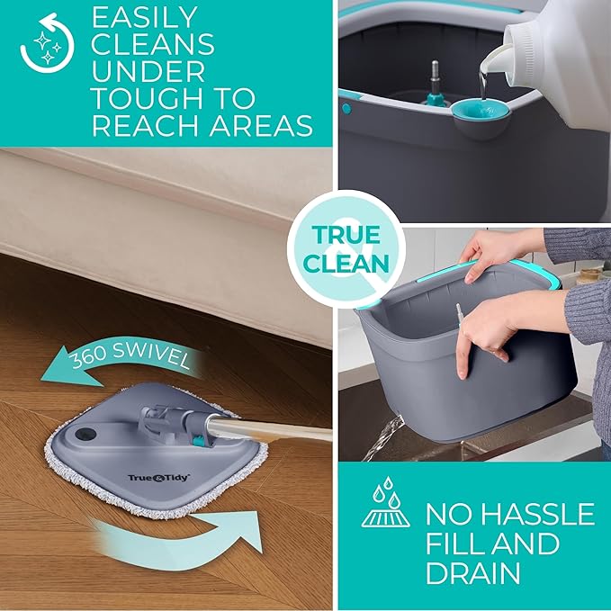 True & Tidy True Clean Spin Mop & Bucket System – Dual Compartment Design for Clean & Dirty Water, 360° Swivel Mop Head, Built-in Scrubbing Brush, Stainless Steel Handle & 2 Reusable Microfiber Pads
