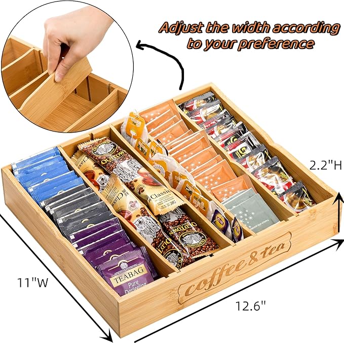 Lyellfe 2 Pack K Cup Holder for Drawers, Bamboo Tea Bag Organizer with Adjustable Dividers, Silverware Utensil Flatware Tray for Coffee Station Home Office, Kitchen