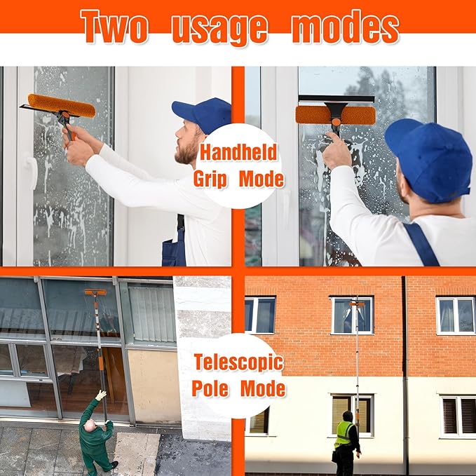 16FT Reach Window Squeegee Kit with Extension Pole, 2-in-1 Professional Washer for High Windows, 3-12FT Adjustable Reach