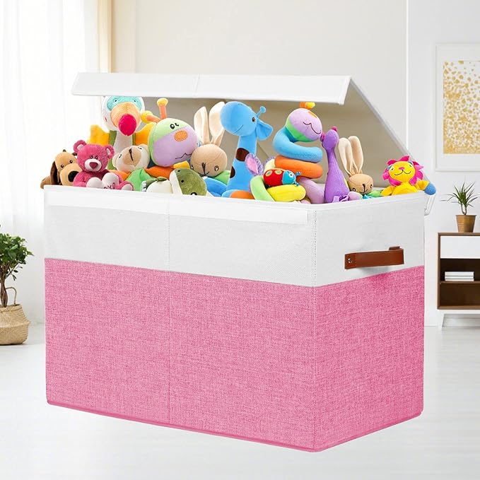 Gowee Large Toy Box with Lid, Sturdy Toy Storage Chest Bin Boxes Organizer Basket with Dividers for Toddlers, Kids, Boys, Girls, Nursery, Closet, Bedroom, Playroom 25"x13" x16" (Pink and White)