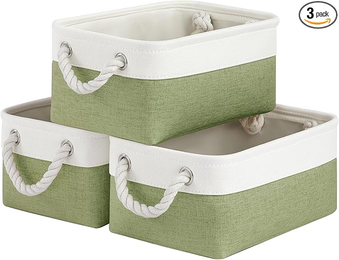 Storage Baskets for Shelves 11.8x7.9x5.2 Inch, Foldable Fabric Storage Bins with Handles, Small Storage Baskets for Organizing Closet, Office, Home Organization (3-Pack, White&Green)
