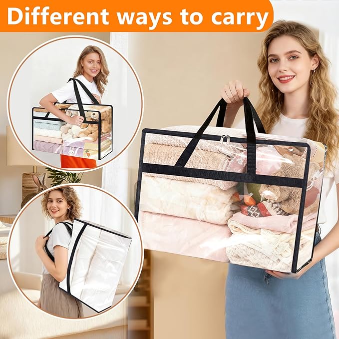 8 Pack Clear Clothes Storage Bags, Vinyl Blanket Storage Containers with Heavy Duty Zipper, Foldable Moving Bags, Closet Organizers for Bedding, Clothing, Comforters, Linens, Duvet (60L)