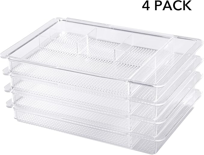 Oubonun Expandable Drawer Organizer 11.1” to 19.2” Width, Shallow Cosmetic Organizer 1.3” Height, 4 Packs, Clear Plastic Storage Trays for Dressing Table,Bathroom