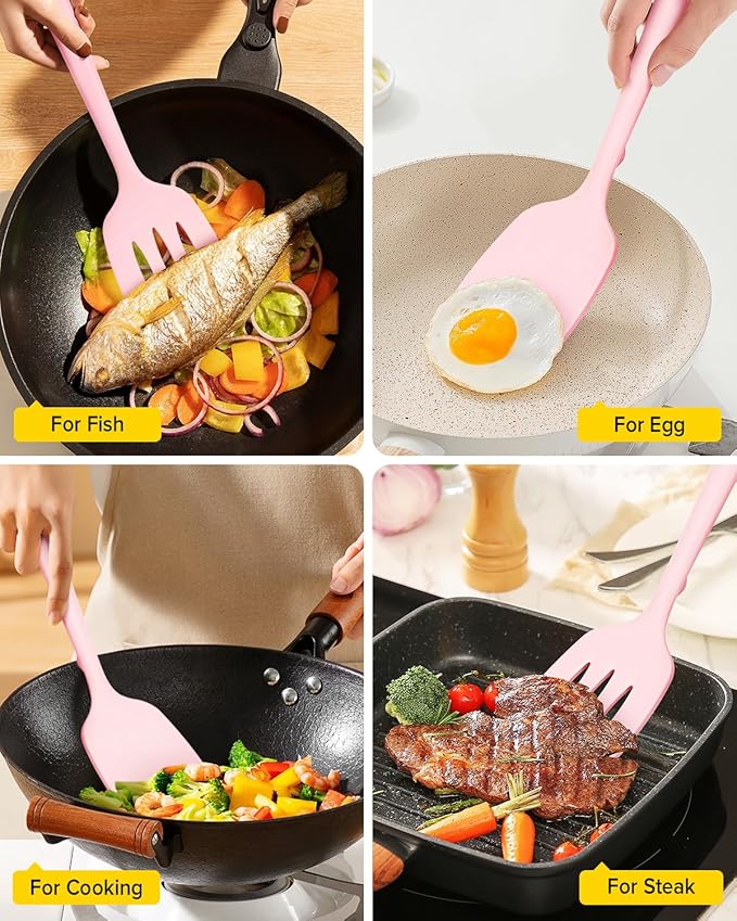 Pack of 2 Silicone Spatula Turners, Non Stick Slotted Kitchen Spatula Set, Heat Resistant BPA Free Kitchen Utensils, One-Piece Design, Suitable for Flipping Fish, Eggs, Steak, Pancakes (PINK)
