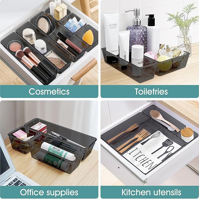 WOWBOX 25 PCS Plastic Drawer Organizer Set, Desk Drawer Divider Organizers and Storage Bins for Makeup, Jewelry, Gadgets for Kitchen, Bedroom