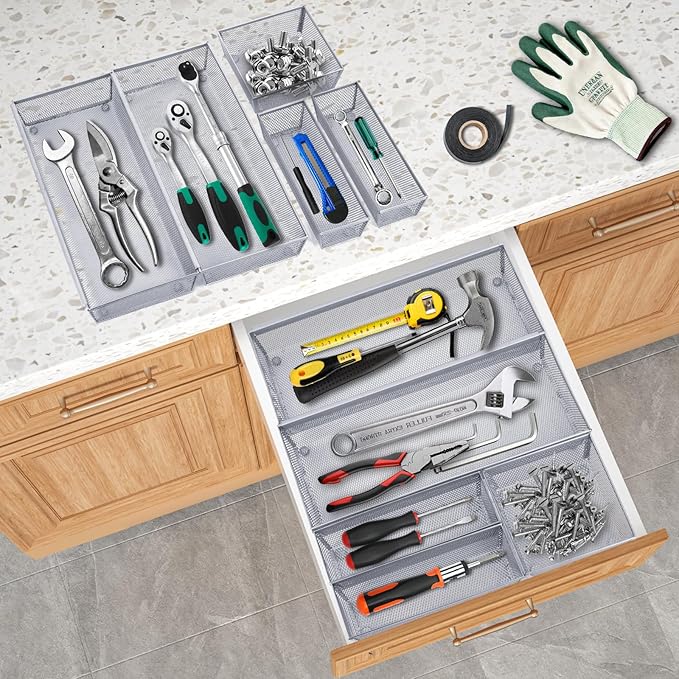 Neudeco Silverware Drawer Organizer,Utensil Organizer for Kitchen Drawer Organizer for Large Utensils with Interlocking Arm, Silverware Storage Cutlery Tray for Knives Fork Spoon (Pack 5, Silver)
