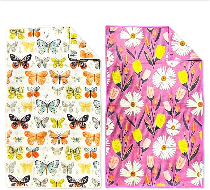 Double Sided Microfiber Hand Towels, 17x27 Inches Waffle Design Kitchen Towels Set, Durable & Soft Fast Drying Hand Wash Cloth, Everyday Use Dishcloth at Home (Wings & Flower Farm- Purple/Cream)