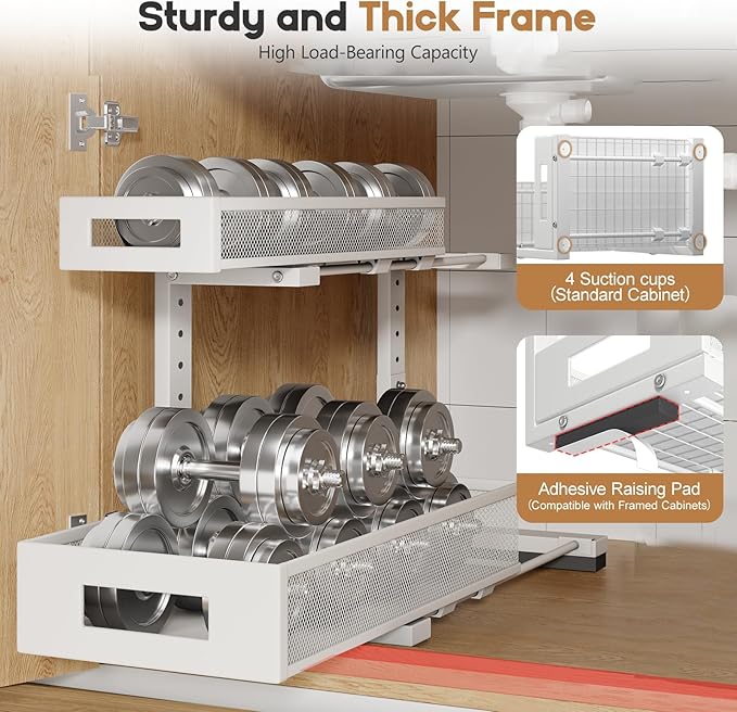 1 Pack 17IN Depth Under Sink Storage Organizer, Large 2-Tier Elegant Mesh Pull Out Shelf for Kitchen and Bathroom Cabinet Organization, L-Shaped and Adjustable Height Design-White