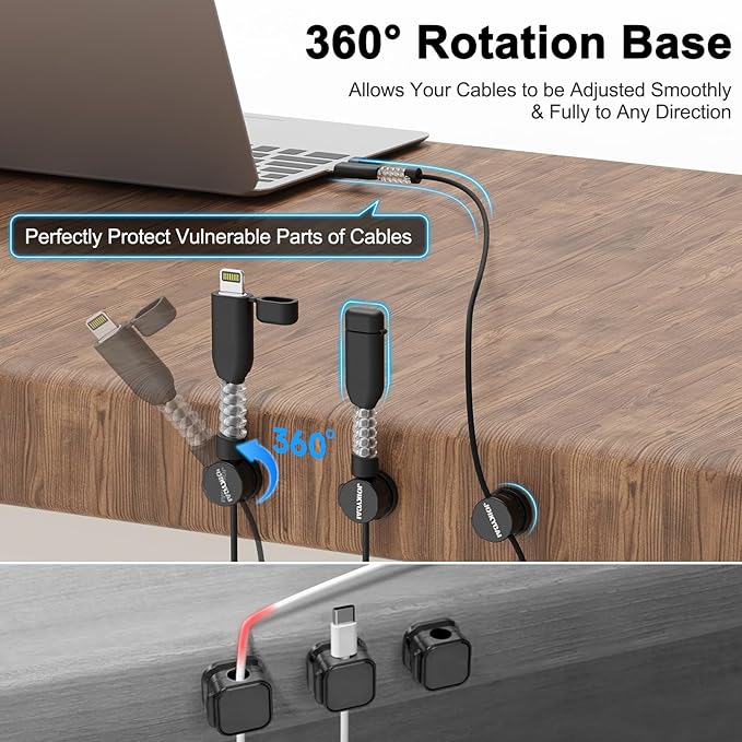 6 Magnetic Spring Cable Clip Rotatable Cord Holder Desktop Cord Organizer 2 Charging Cord Protectors for Nightstand Phone Charger Organizer Computer Desk Cable Management Appliance Adhesive Wire Strap