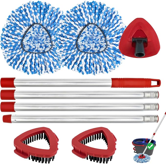 Spin Mop Handle, Mop Replacement Heads,Brush,Base Compatible with OCedar RinseClean 2 Tank,Inclued 2 Microfiber Mop Heads,1 Mop Base,2 Brush and 4-Section Mop Handle for Ocedar,Use for Floor Cleaning