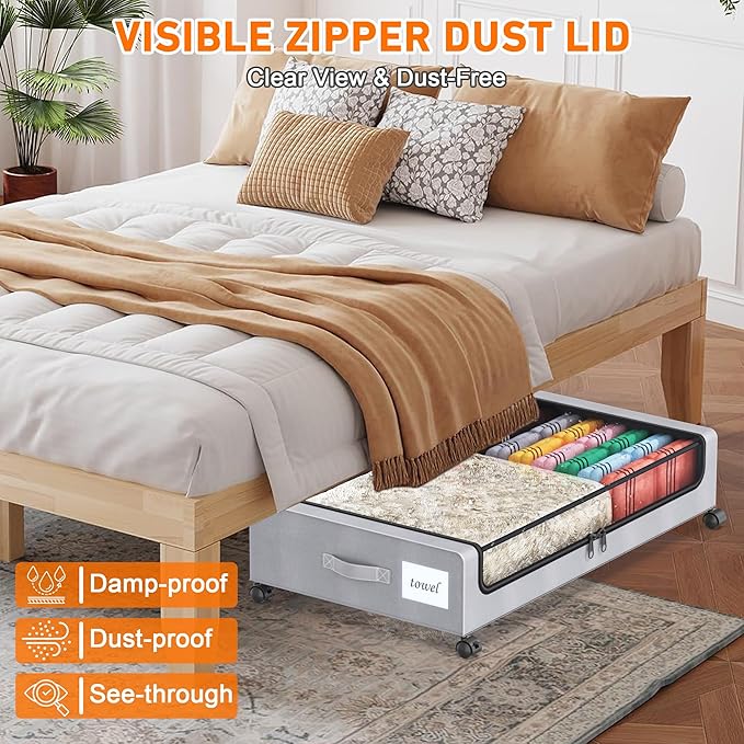 Under Bed Storage with Wheels, 2 Pack Under Bed Storage Containers with Clear Lids, XXL 65L Under Bed Storage Organizer