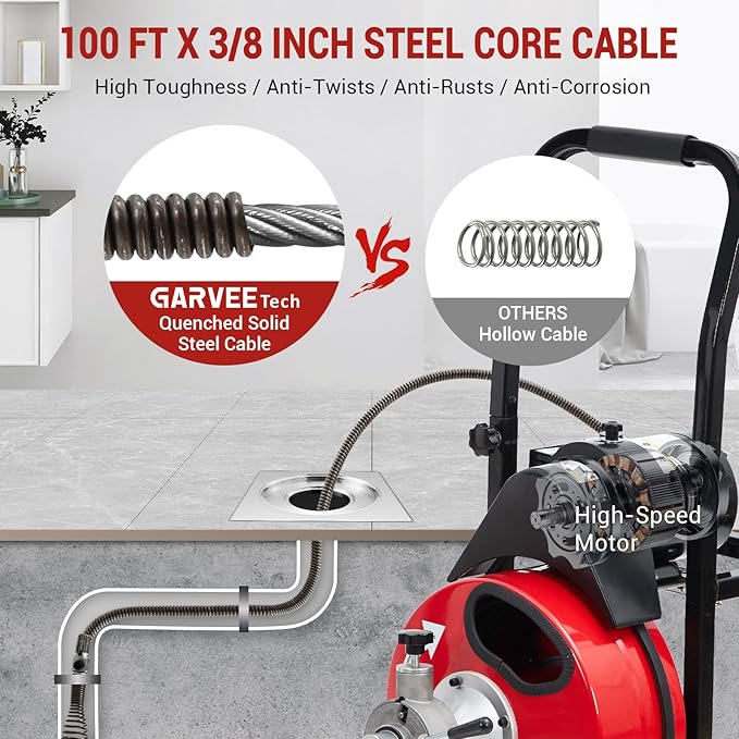 100 FT x 3/8 Inch Portable Drain Snake with 370w Motor, Snake Drain Hair Removal Tool with 9 Cutters and Pneumatic Foot Switch, Drain Snake Hair Drain Clog Remover Fit 1 Inch to 4 Inch Pipes