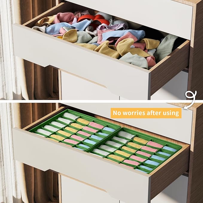 Joyoldelf Sock Drawer Organizer Divider 2 Packs Underwear Organizer, 24 Cell Closet Organizers and Storage Organizer Sock Holders Organizers for Storing Socks, Handkerchiefs, Ties, Belts (Green)
