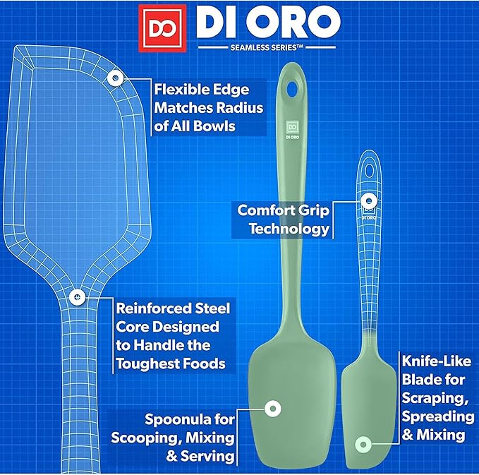 DI ORO Silicone Spatula Set - Rubber Kitchen Spatulas for Baking, Cooking, & Mixing - 600°F Heat-Resistant & BPA Free Silicone Scraper Spatulas for Nonstick Cookware - Dishwasher Safe (5pc, Sage)