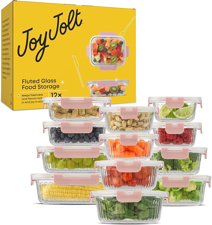 JoyJolt 24pc Borosilicate Glass Storage Containers with Lids | 12 Airtight/Freezer Safe Food Storage Containers for Pantry and Kitchen | Meal Prep Container for Lunch | Glass Tupperware Set