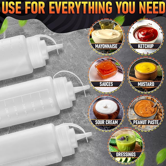 3-Pack Plastic Condiment Squeeze Bottles 16 oz – Refillable Squirt Bottles with Narrow Tip, Leak-Resistant | Great for Oil, Sauces, Ketchup, Mayonnaise, Syrup, Dressing, BBQ Stations & Catering Use