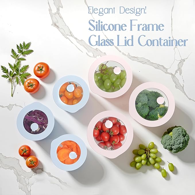 Urban Green Glass Food Container Set with Glass Lid, 6 Pack, Meal Prep Containers with Silicone Framed Airtight Lid, Leakproof, 100% Plastic Free,